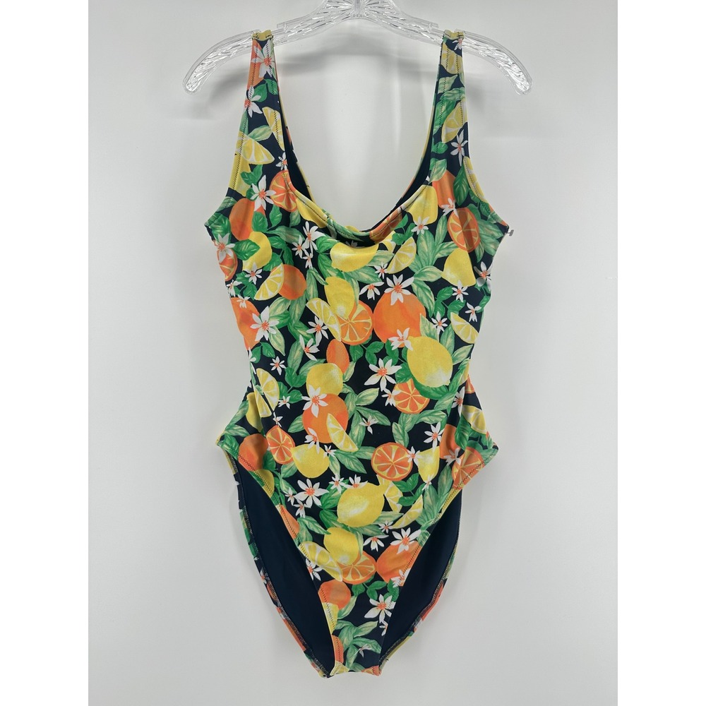 Old Navy Citrus Lemon Orange Print Twist Back One Piece Swimsuit XL Navy Blue